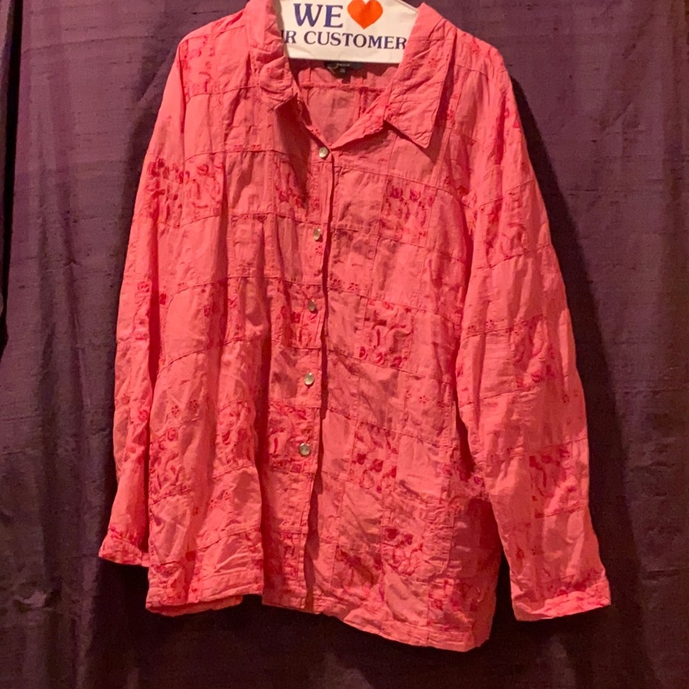 Pink Patchwork Big Shirt w/ Eyelet & Embroidery